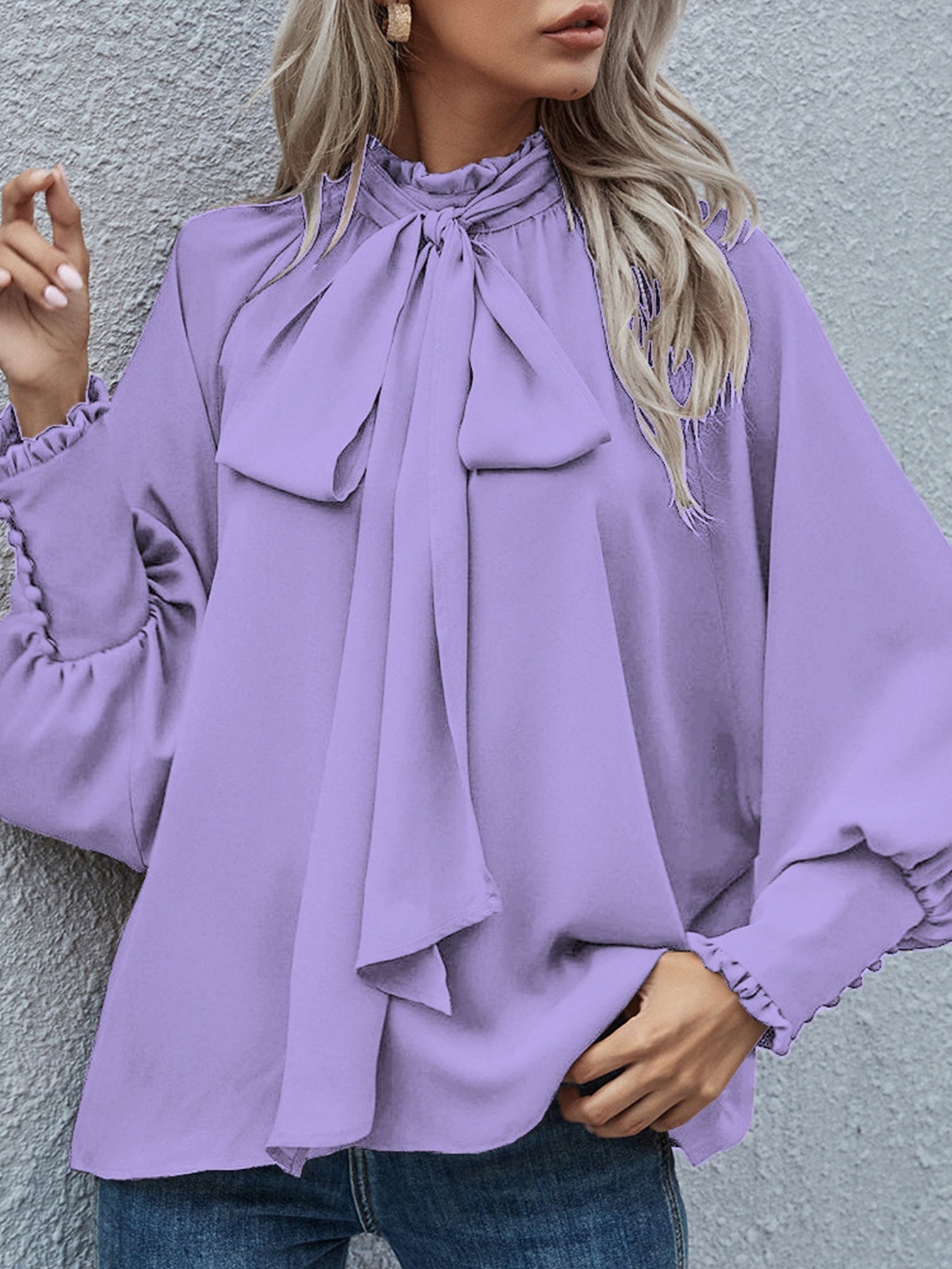Blusa de manga larga Ins, lazo, mangas abullonadas, moda, estilo ejecutivo, blusas de oficina para mujer. Consulta la tabla de tallas en "más detalles".
