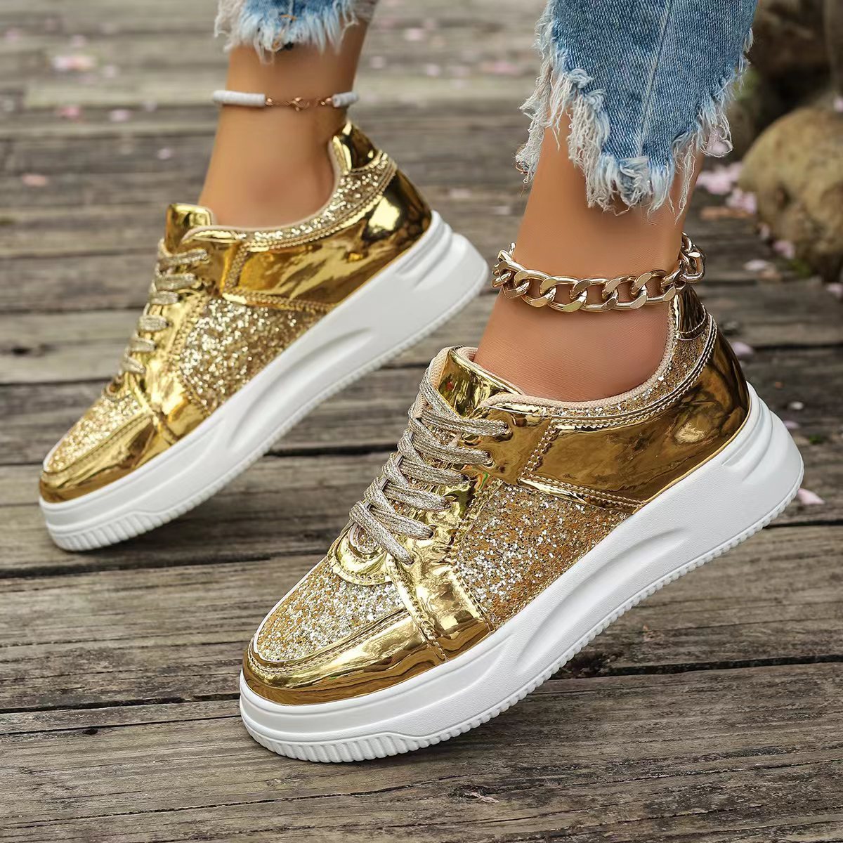 Women's Sequin Lace-Up Platform Sneakers