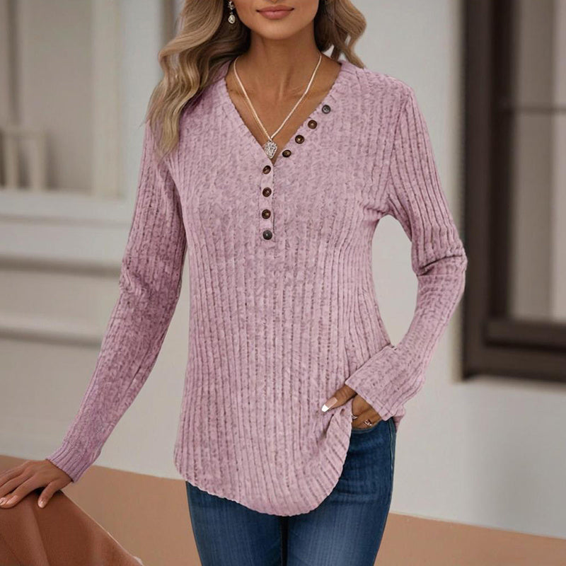 Top de punto de manga larga con cuello de pico y botones de color liso para mujer