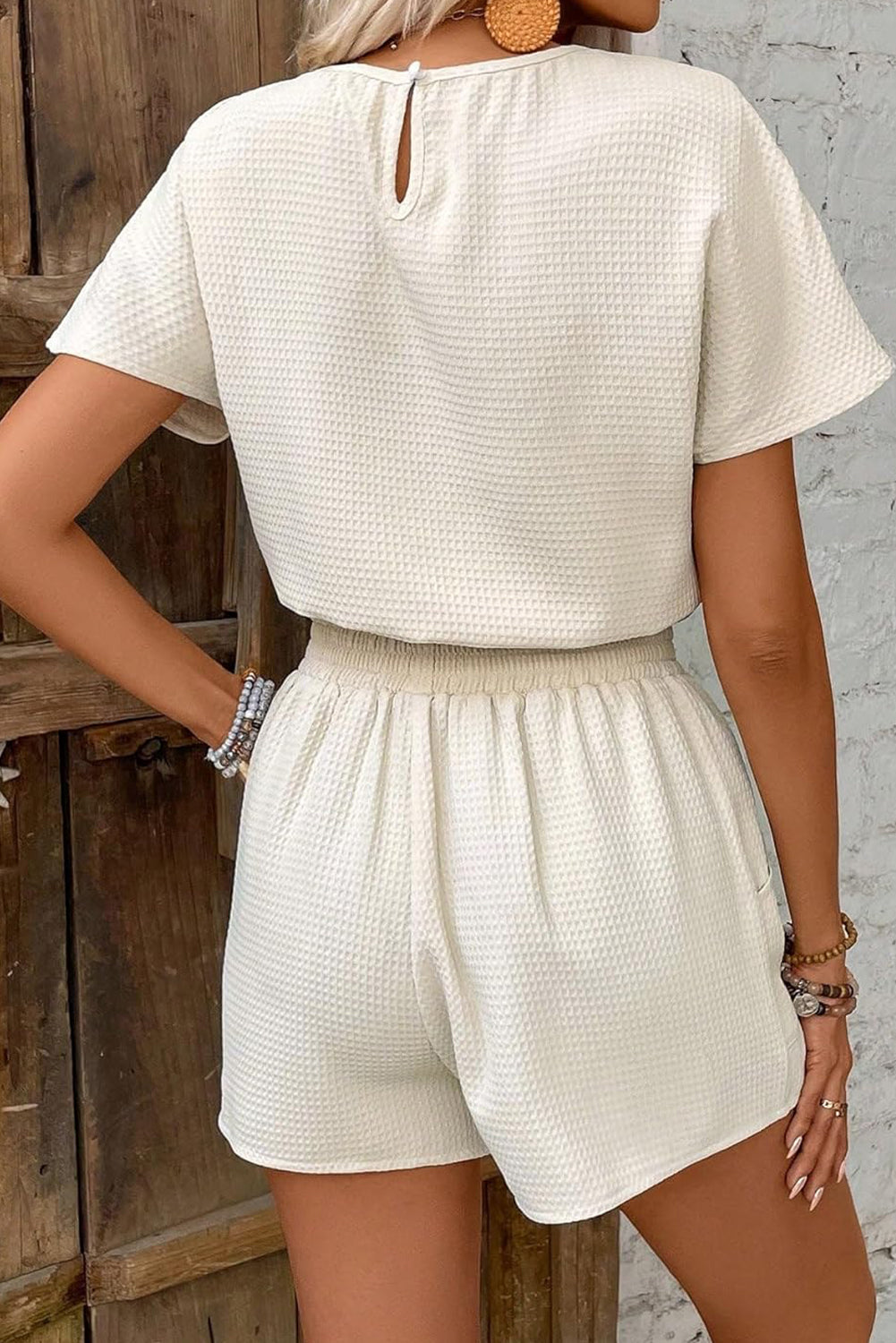 Beige Solid Textured Top and Shorts Set