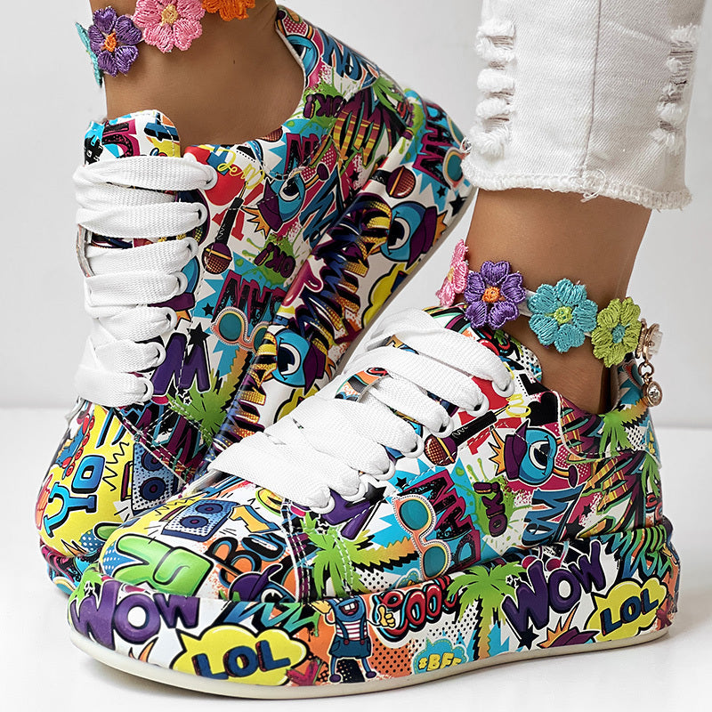Zapatillas con cordones de punta redonda y suela gruesa — Zapatos casuales estampados para mujer