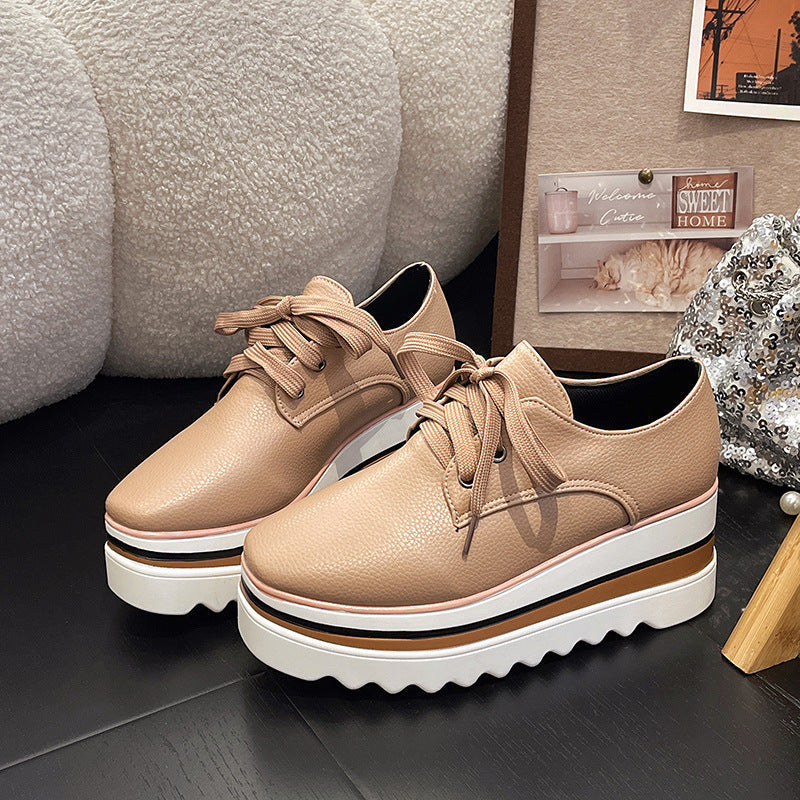 British Style Brogue Lace-up Square-Toe Platform Pumps
