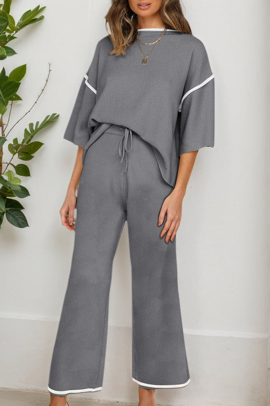 Conjunto de jersey de dos piezas: Top de manga media con ribete de contraste gris medio y pantalones holgados con cordón