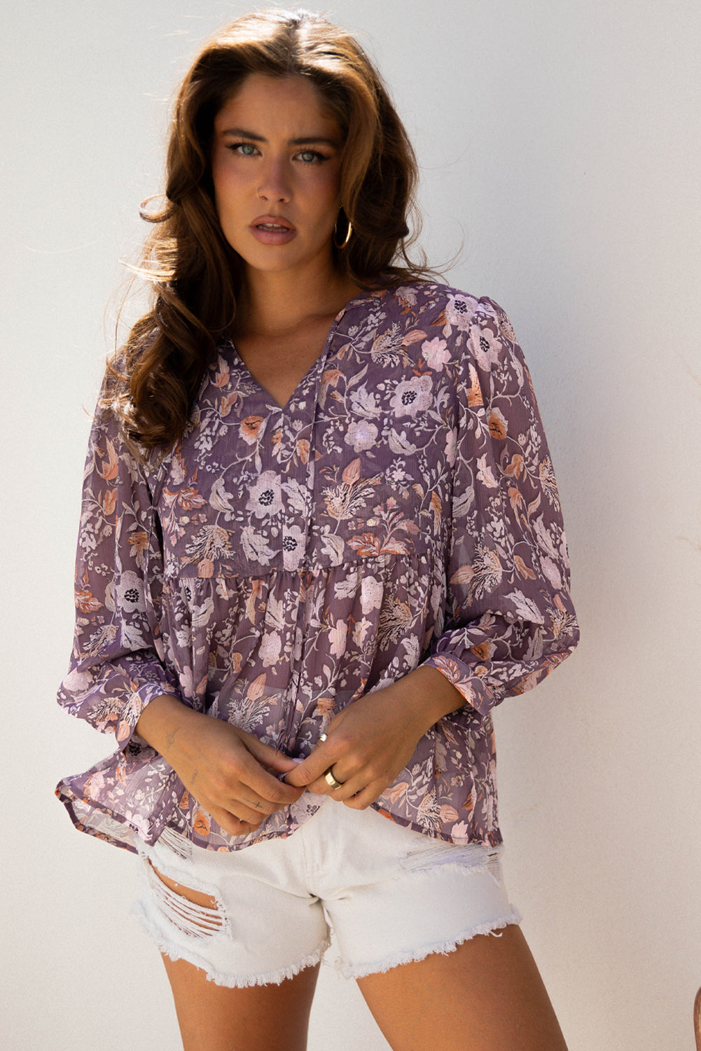 Blusa Estampada de Flores Boho Azul con Manga Francesa Estilo Babydoll