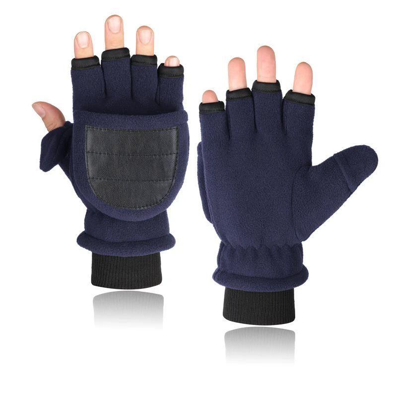 Men's Double-layer Velvet Flip Touch Screen Half Finger Gloves