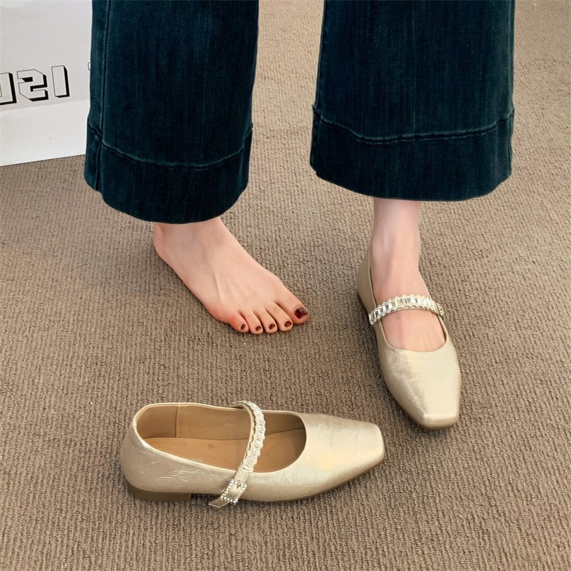 Women Minimalist Elegant Metallic Leather Flats, Square Toe Single Crystal Rhinestone Strap Slip On Lightweight Flat Casual Office Commuting Dress Shoes