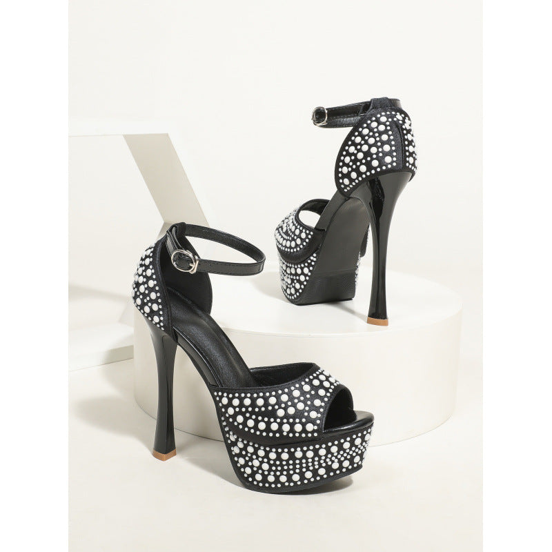 Women's Waterproof Platform Pearl Strap Ultra-Platforms Heels