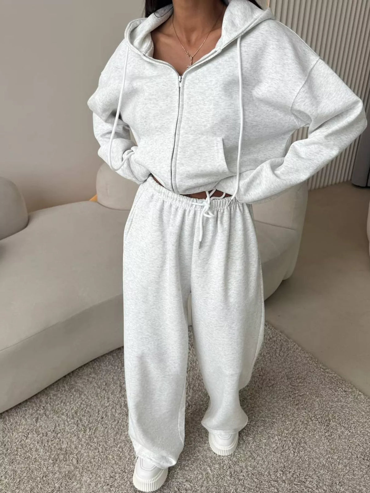 Zip-Up Hoodie and Wide-Leg Pants Set