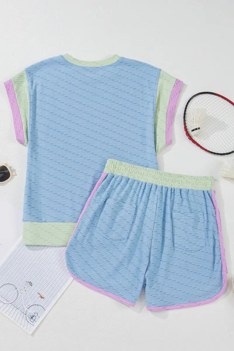 T-Shirts Love Salve  Beau Blue Corded Knit Contrast Trim Round Neck