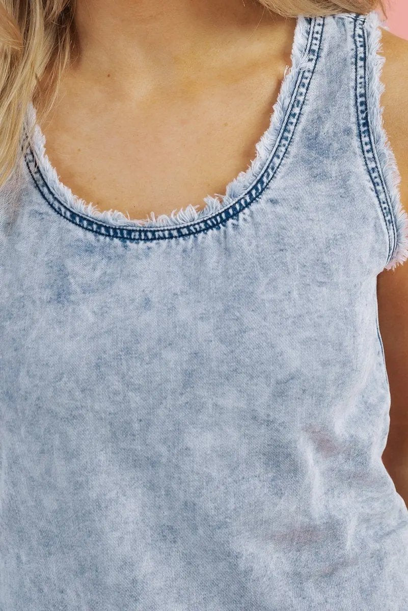 Tops/Tank Tops Love Salve  Beau Blue Mineral Wash Denim Frayed U Neck
