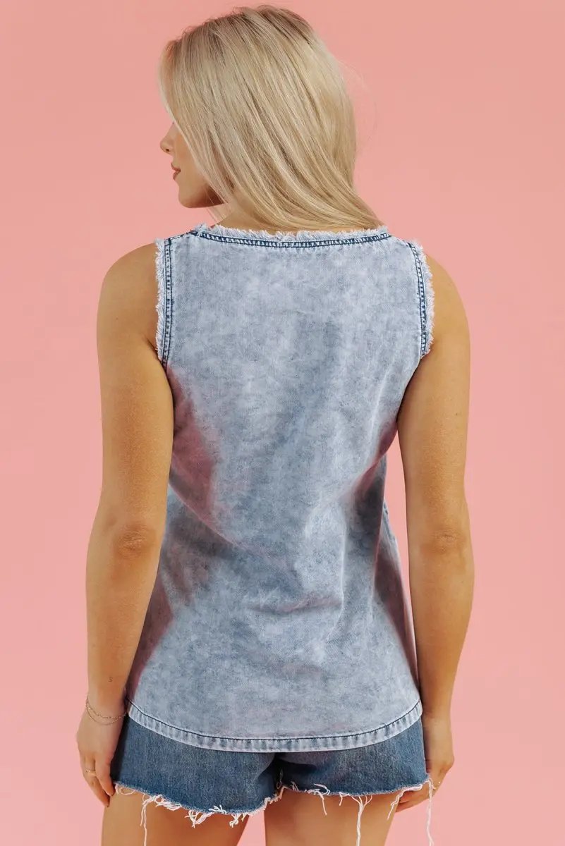 Tops/Tank Tops Love Salve  Beau Blue Mineral Wash Denim Frayed U Neck