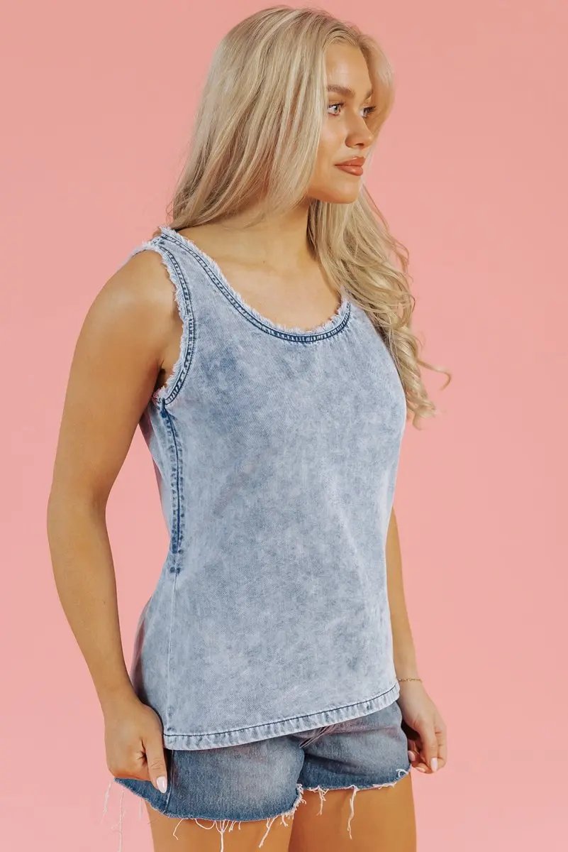 Tops/Tank Tops Love Salve  Beau Blue Mineral Wash Denim Frayed U Neck
