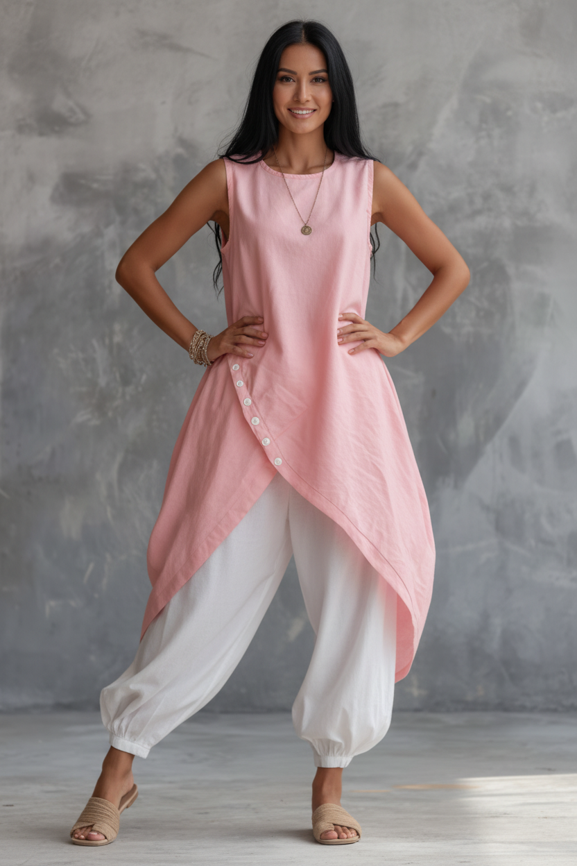 Casual Women Summer 2PCS Matching Set O-Neck Irregular Long Shirt