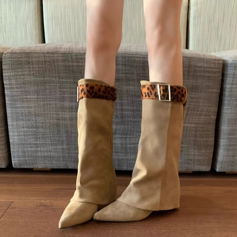 Women's Retro Western Slimming Belt Buckle Middle Boots