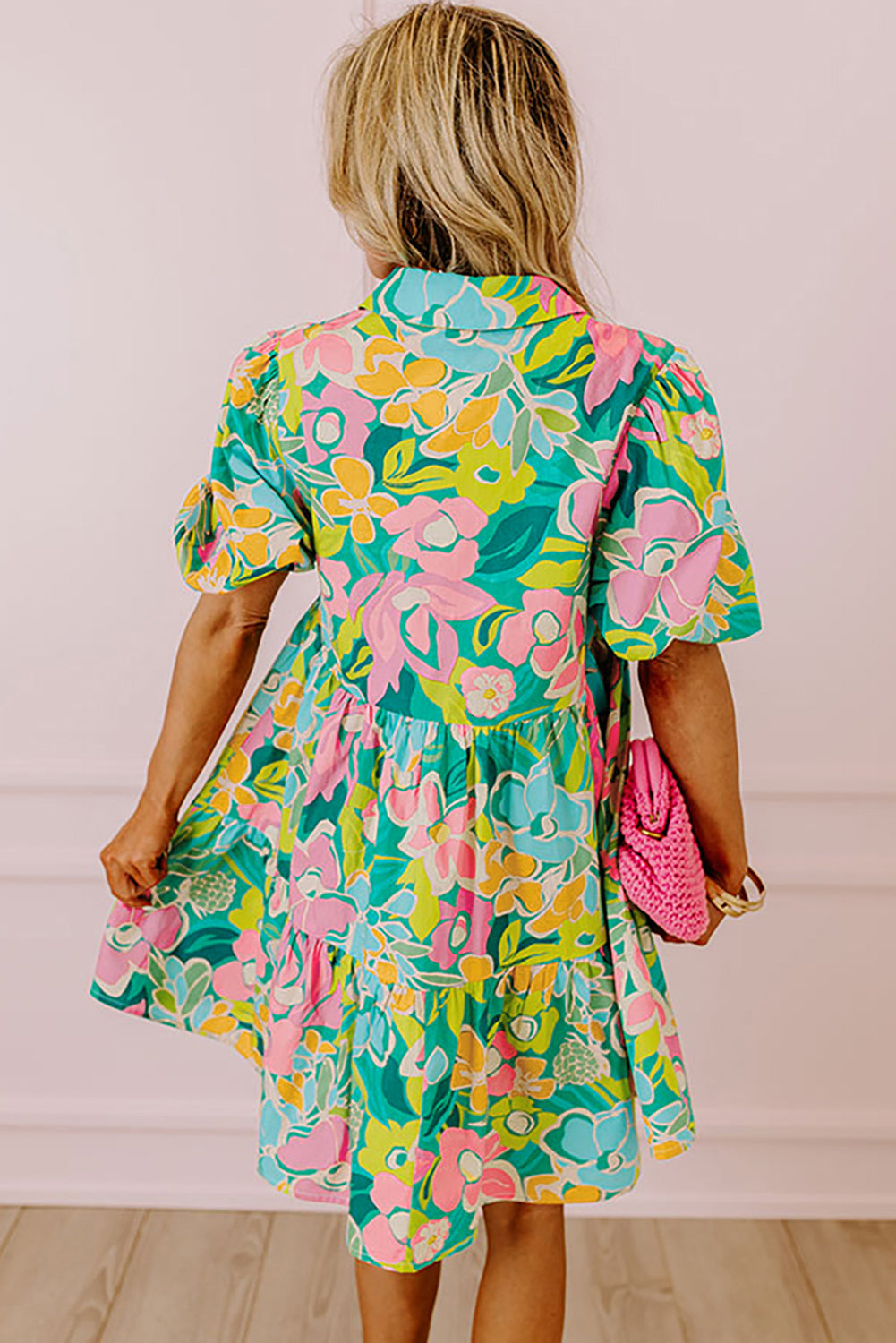 Vestido de Muñeca Abotonado con Cuello, Mangas Abullonadas y Estampado Floral Verde