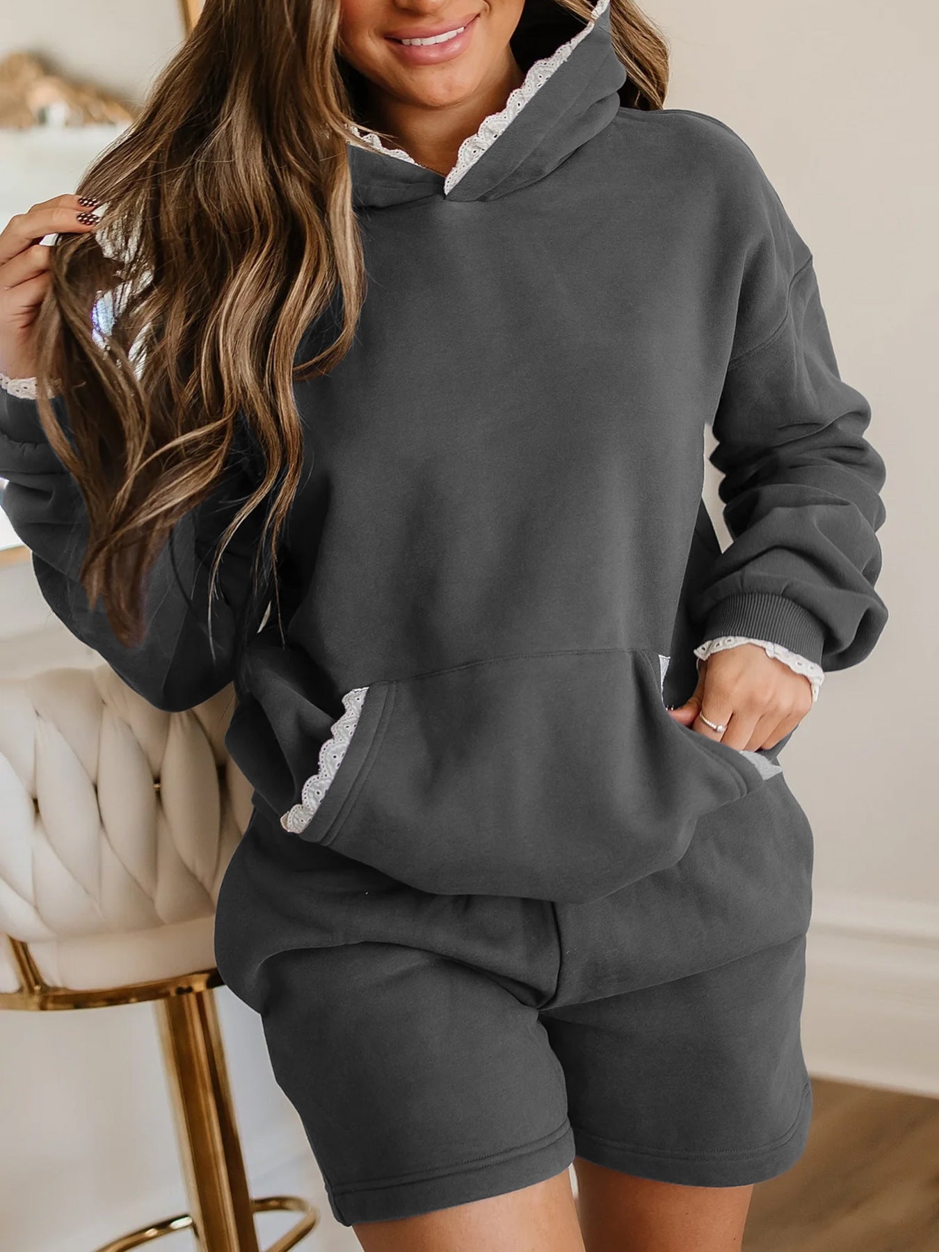 Women's Hoodie And High-waisted Shorts Casual Two-piece Set See size chart under “more details”