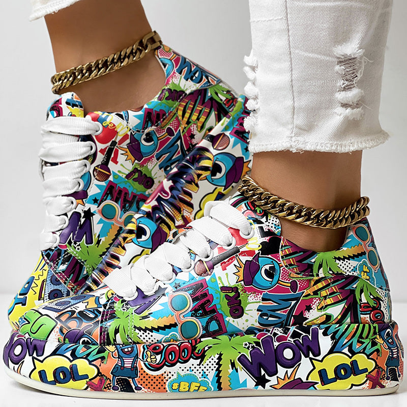 Zapatillas con cordones de punta redonda y suela gruesa — Zapatos casuales estampados para mujer