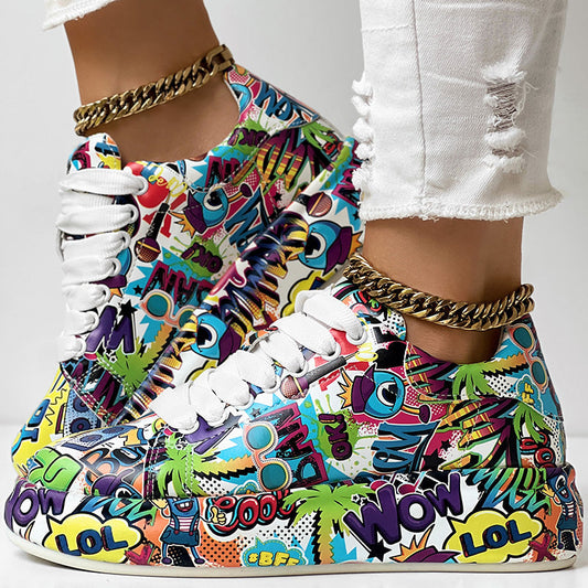 Zapatillas con cordones de punta redonda y suela gruesa — Zapatos casuales estampados para mujer