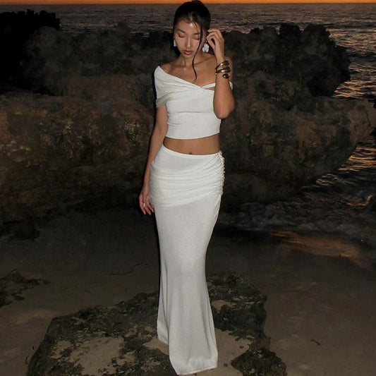 Traje de vestido largo de un solo color, creativo, ajustado y de hombro oblicuo para mujer