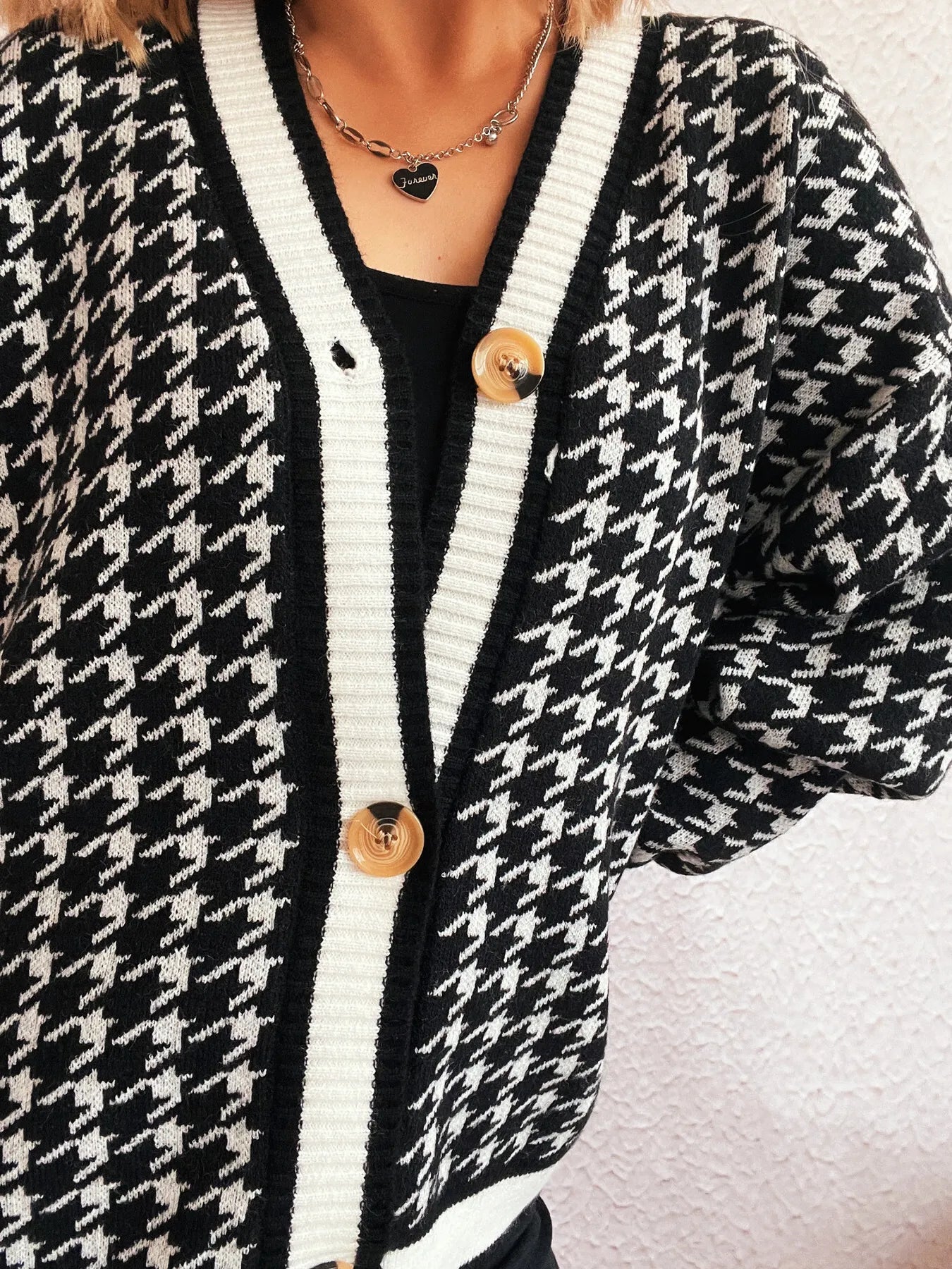 Cárdigan de punto con cuello en V y botones con estampado de pata de gallo para mujer