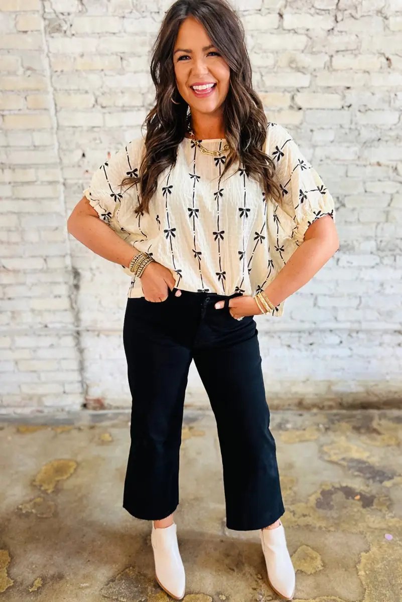 Accessories Love Salve  Beige Bow Print Puff Short Sleeve Top for Women
