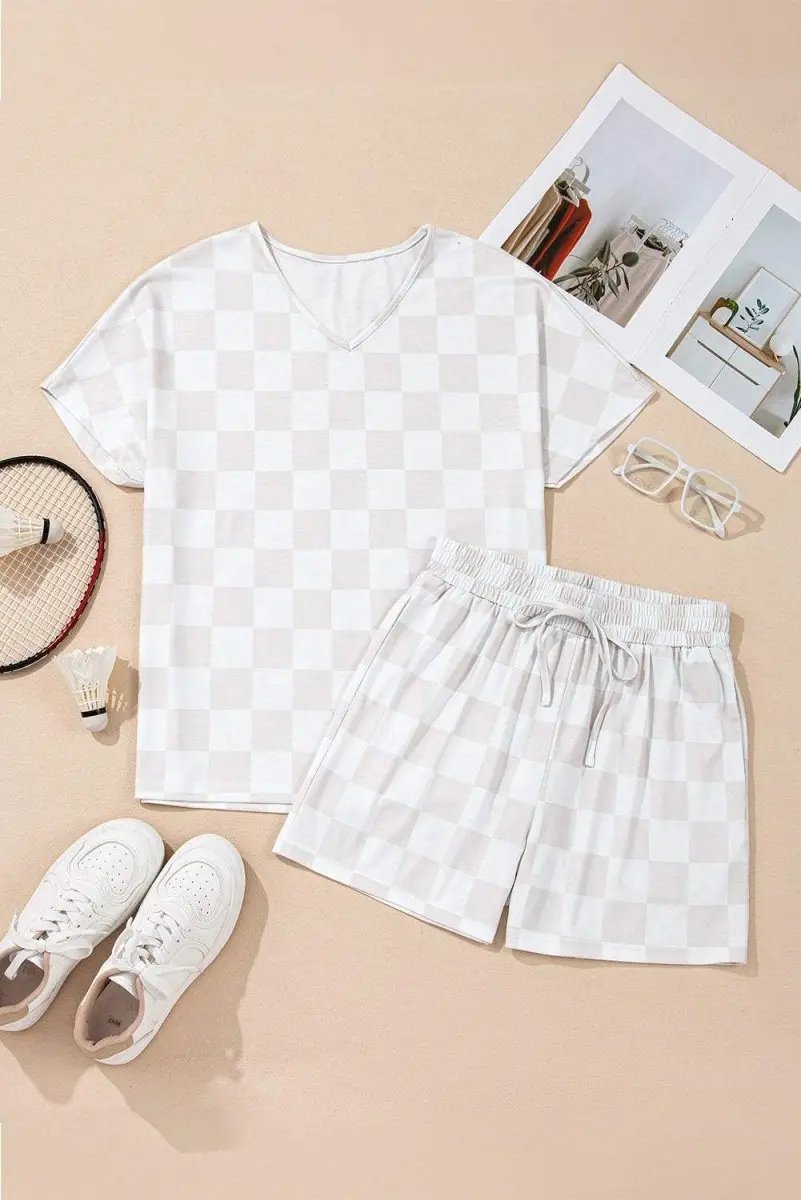 Love Salve  Beige Checkered V Neck Tee Drawstring Shorts