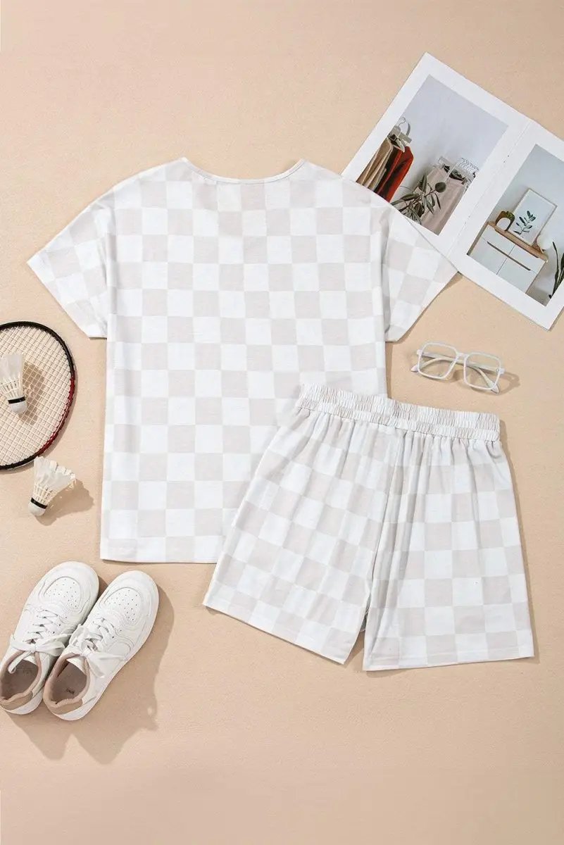 Love Salve  Beige Checkered V Neck Tee Drawstring Shorts