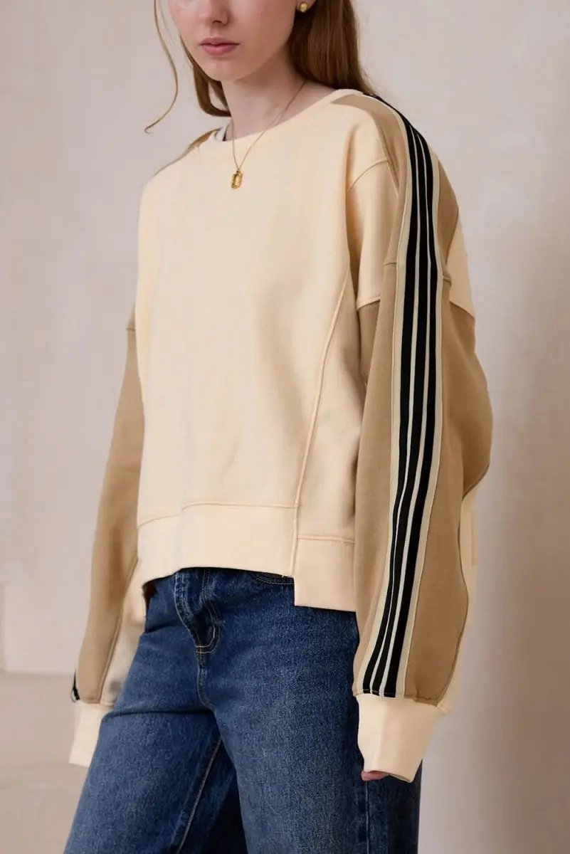 Beige Striped Patchwork Sweatshirt by Love Salve