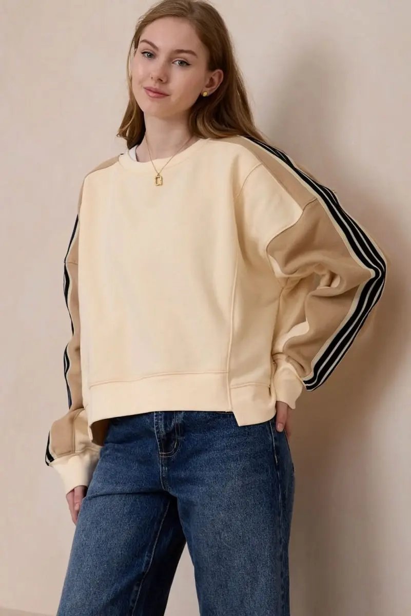 Beige Striped Patchwork Sweatshirt by Love Salve