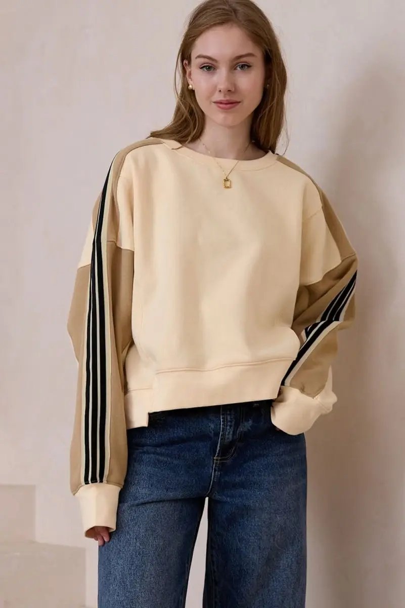 Beige Striped Patchwork Sweatshirt by Love Salve
