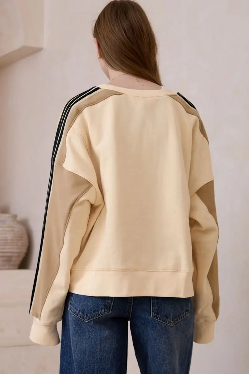 Beige Striped Patchwork Sweatshirt by Love Salve