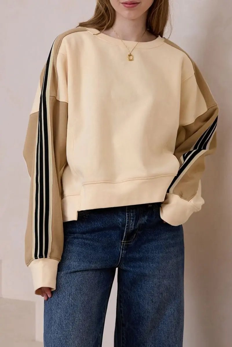 Beige Striped Patchwork Sweatshirt by Love Salve