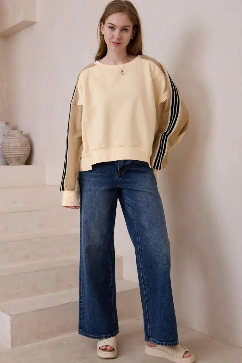 Beige Striped Patchwork Sweatshirt by Love Salve