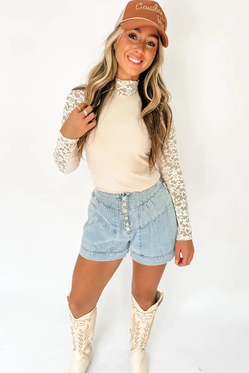 Pants Love Salve  Beige Floral Lace Patchwork Long Sleeve High