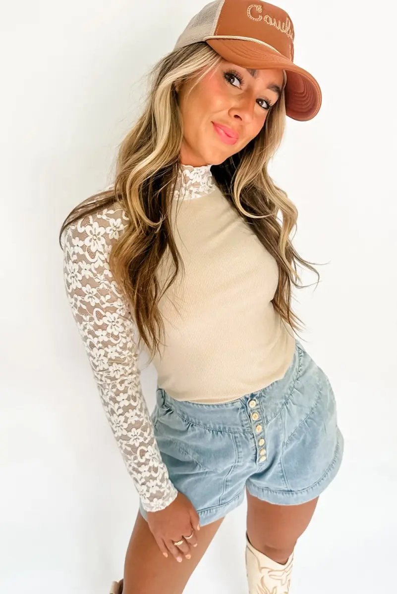 Pants Love Salve  Beige Floral Lace Patchwork Long Sleeve High