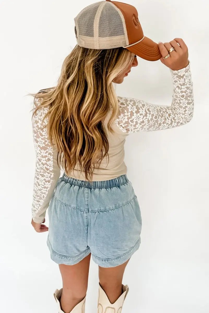 Pants Love Salve  Beige Floral Lace Patchwork Long Sleeve High