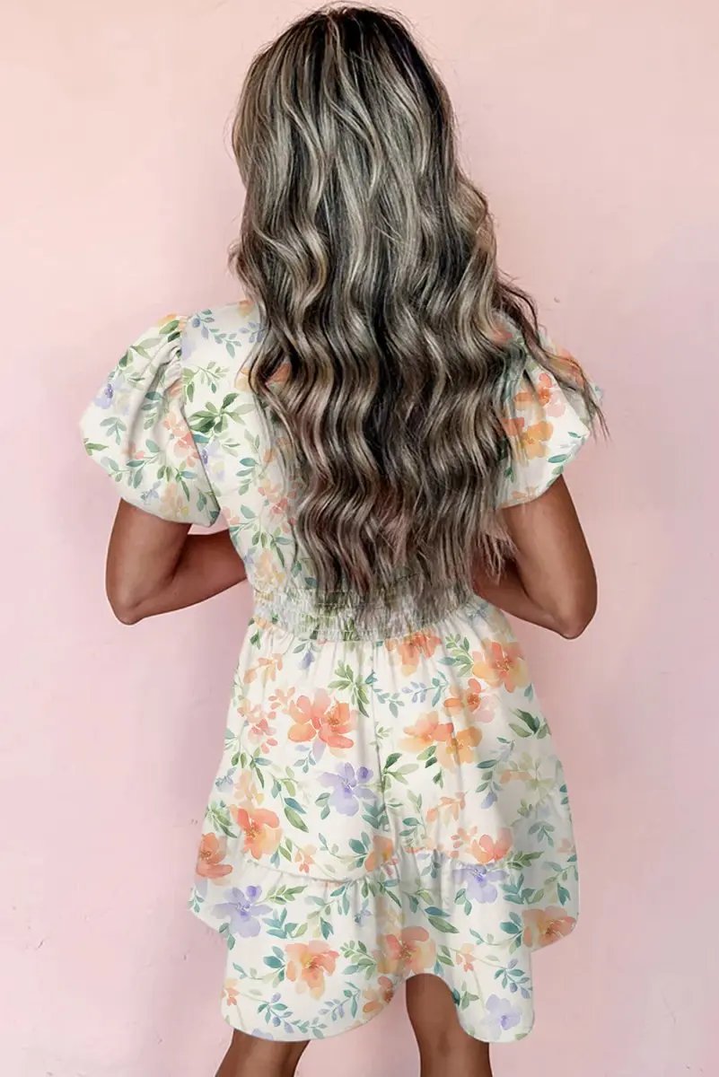 Dresses Love Salve  Beige Floral Print Shirred High Waist Puff