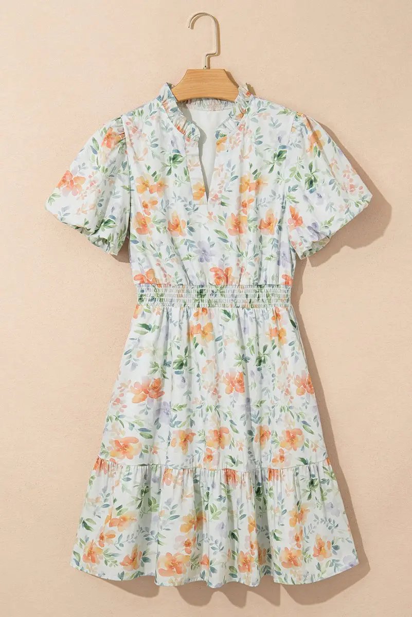 Dresses Love Salve  Beige Floral Print Shirred High Waist Puff
