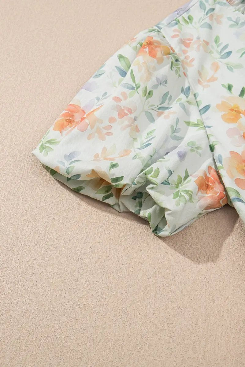 Dresses Love Salve  Beige Floral Print Shirred High Waist Puff