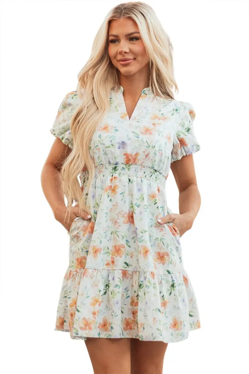 Dresses Love Salve  Beige Floral Print Shirred High Waist Puff