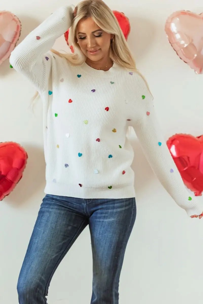 Sweaters Love Salve  Beige Heart Sequin Waffle Knit Sweater with