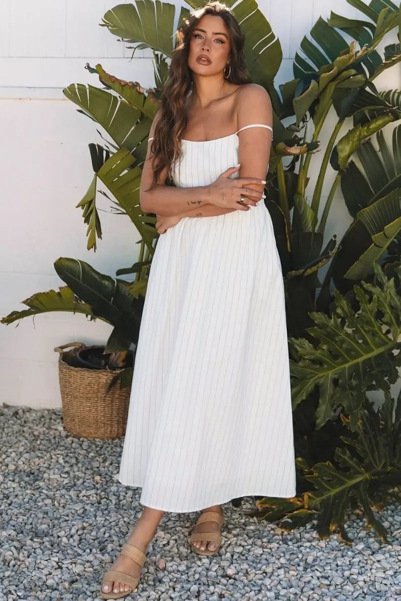 Dresses Love Salve Beige Striped Maxi Dress Women's Vacation A-Line Dress w/ Pockets