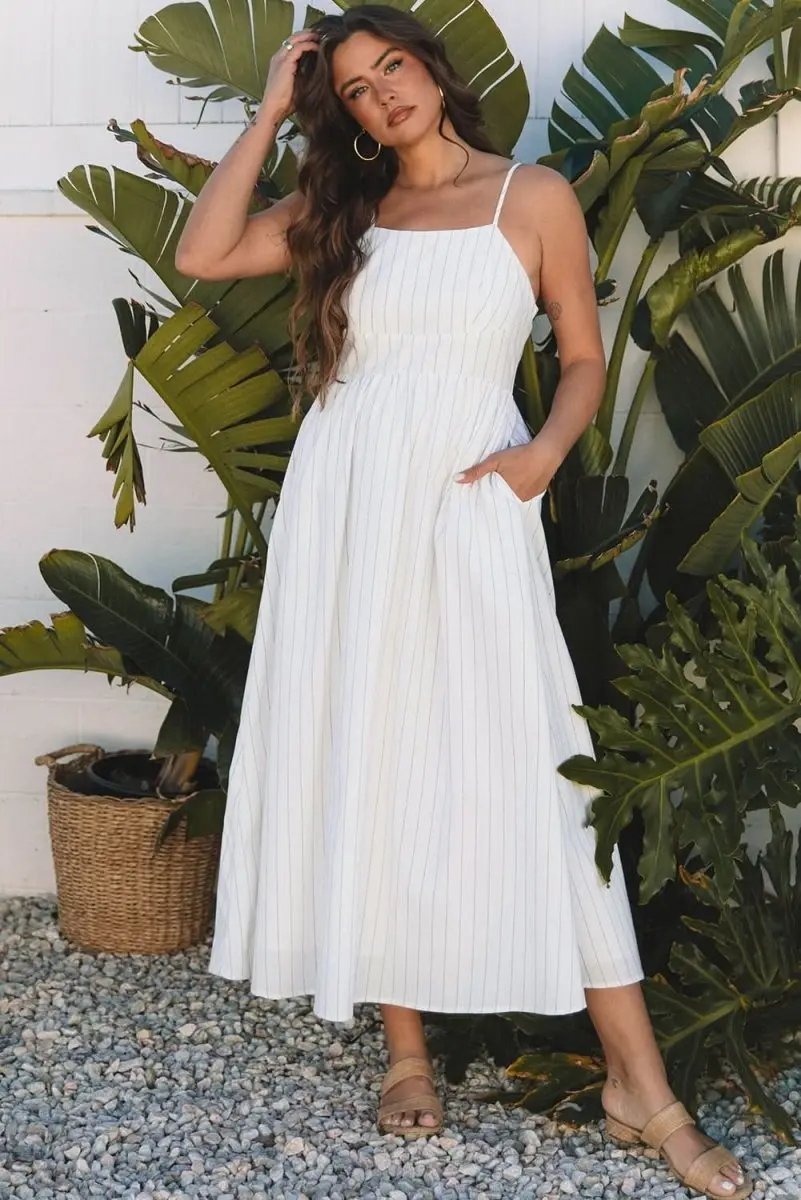 Dresses Love Salve Beige Striped Maxi Dress Women's Vacation A-Line Dress w/ Pockets