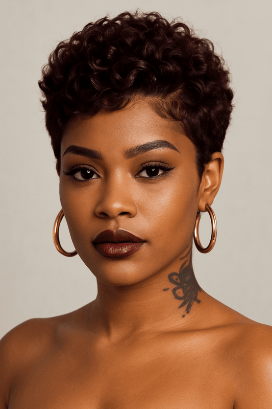 Berry Baddie – Peluca rizada tipo pixie con encaje frontal (rojo burdeos)