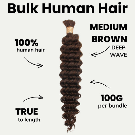 Cabello trenzado 100 % humano a granel, Color 4, Ondas profundas, Castaño medio
