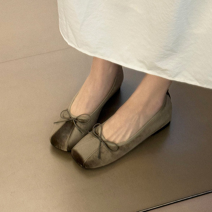 Women Square Toe Soft Leather Bow Decor Ballet Flats, Elegant Shallow Cut Slip-on Casual Shoes