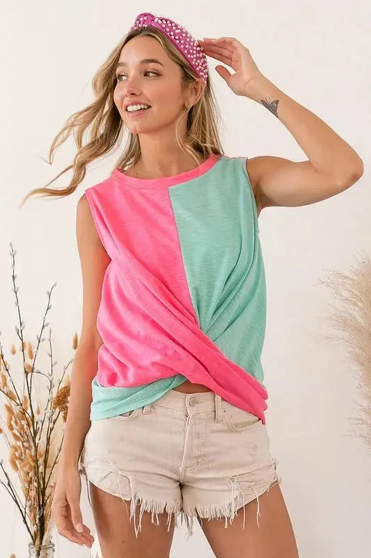 Women's Tank Top - Slub Terry Color Block Twisted - Casual