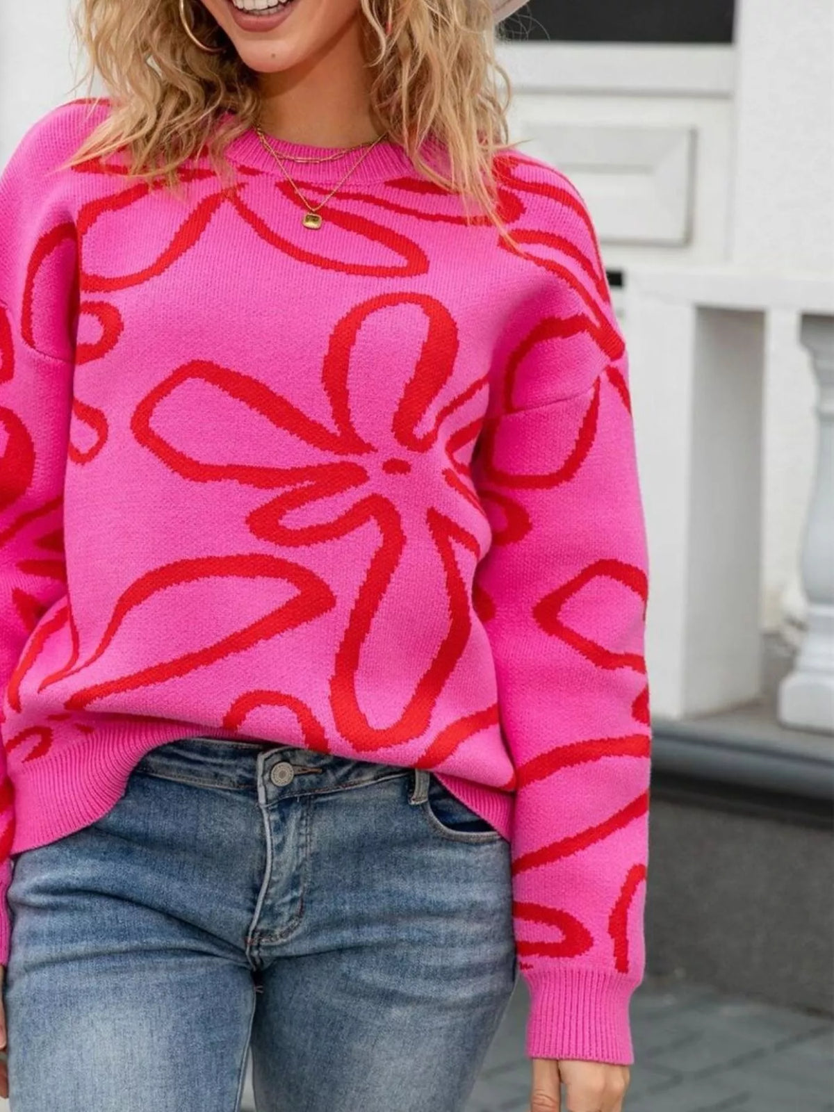 Flower Crew Neck Long Sleeve Sweater