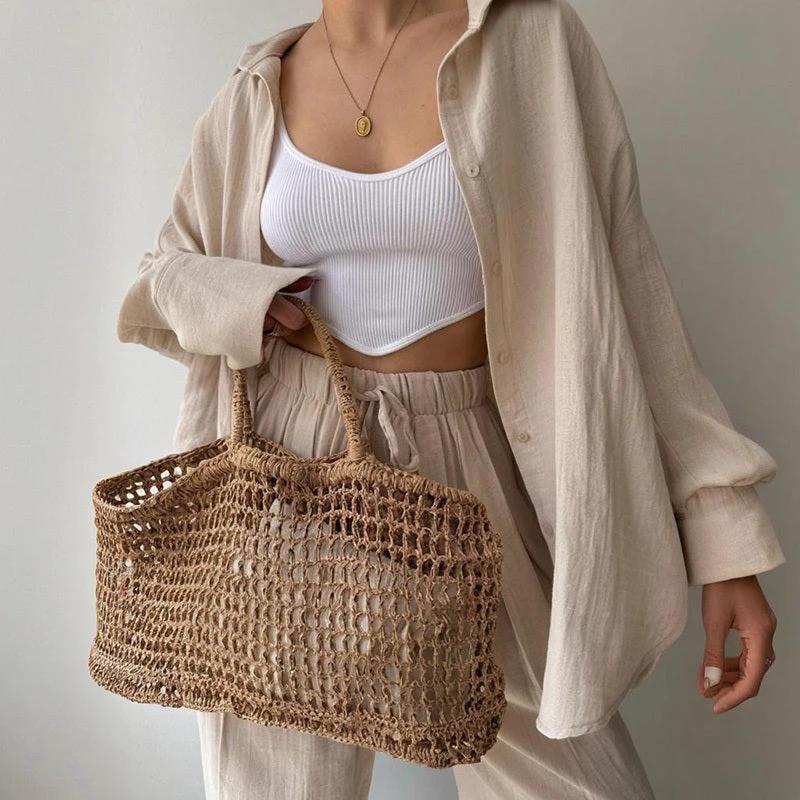 Women's Solid Color Lapel Collar Long Sleeve Shirt & High-Waist Pants Set - Casual Loose Fit Spring&Summer Outfit