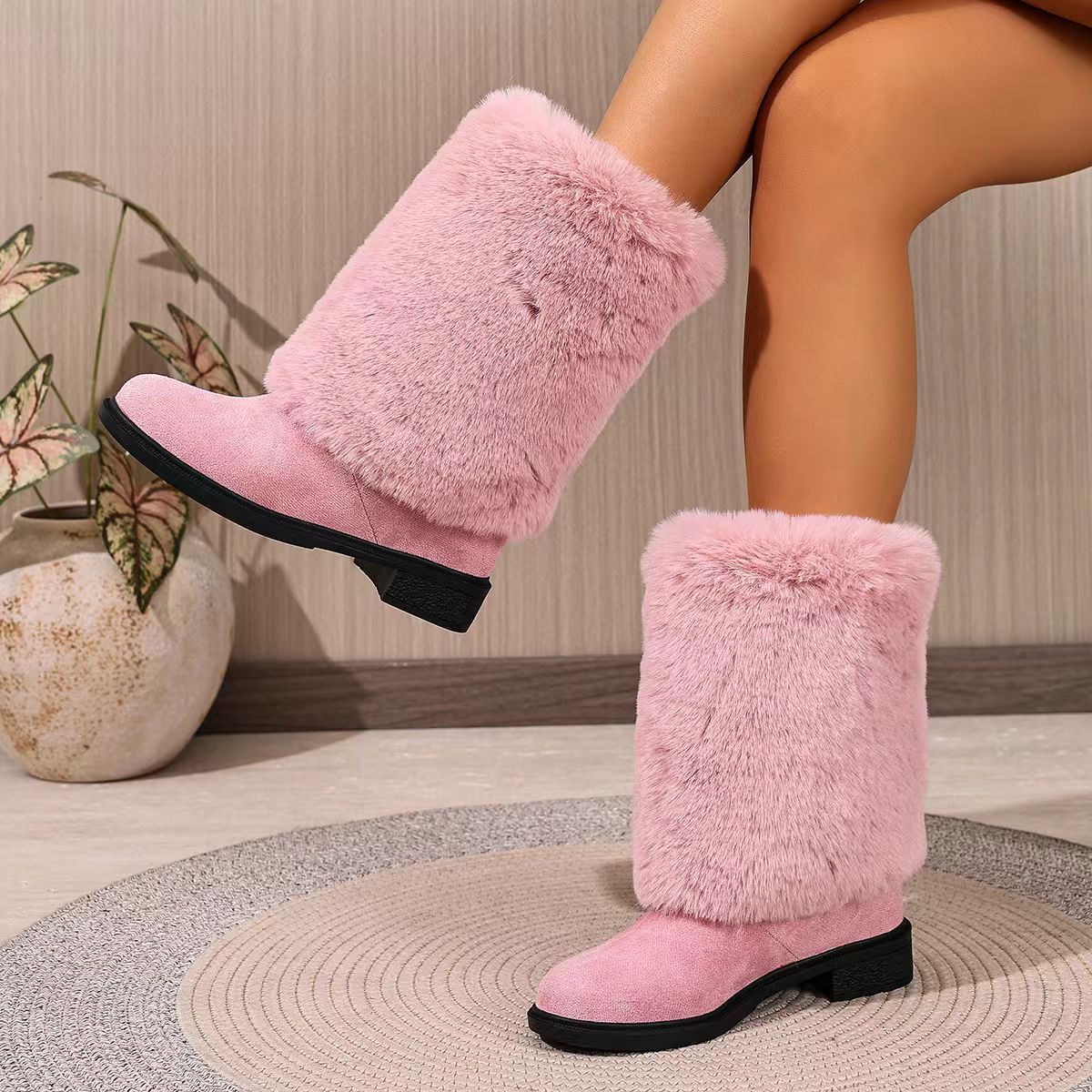 Botas de nieve de tacón grueso para mujer - Botines de invierno cálidos antideslizantes